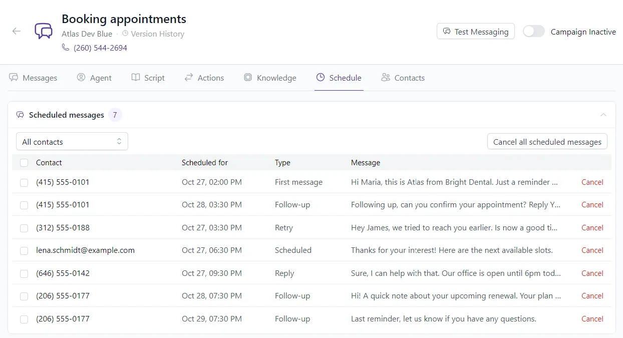 Scheduled messages in the Schedule tab