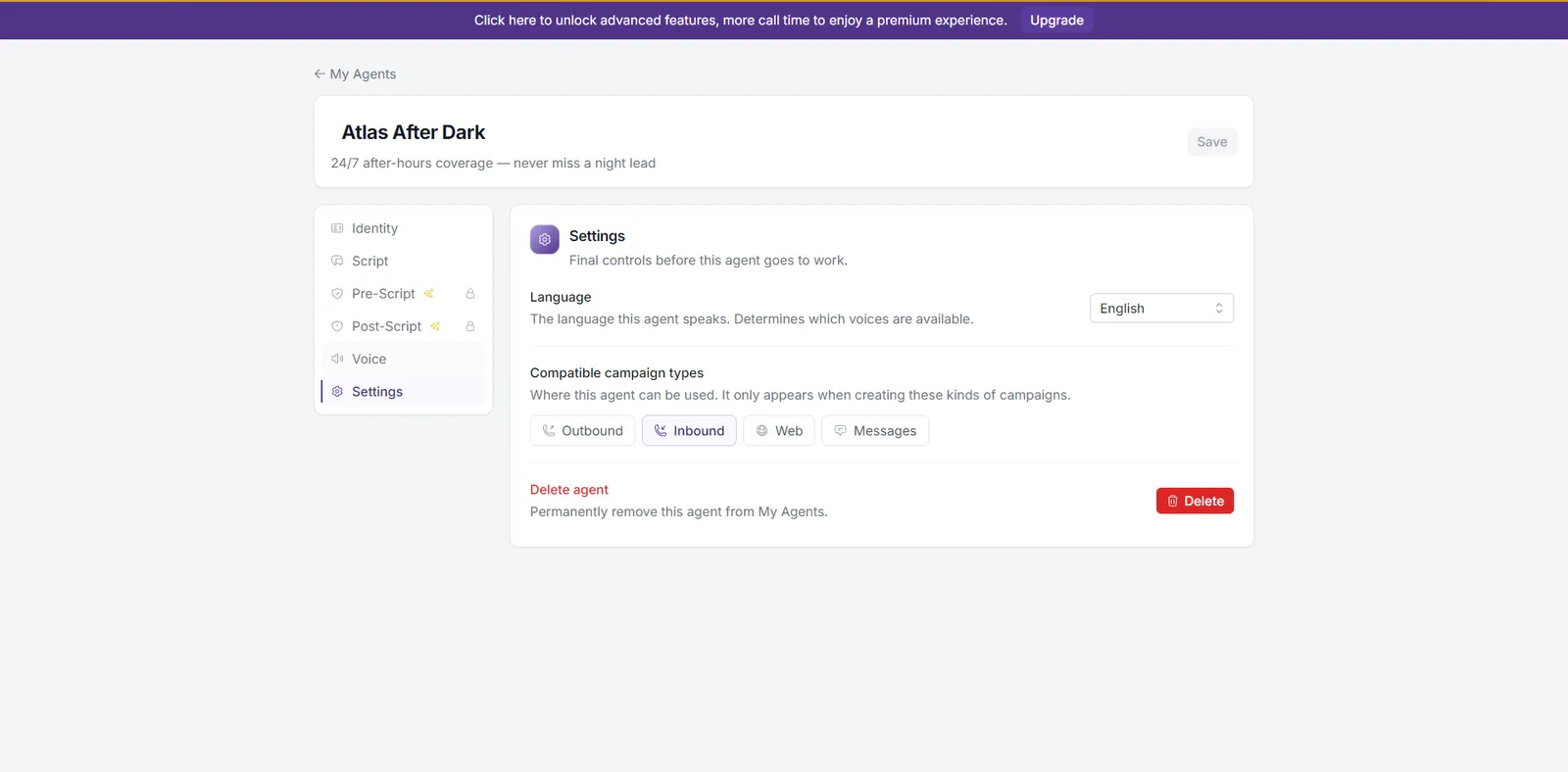 Editor Settings tab showing Language selector and Compatible campaign types