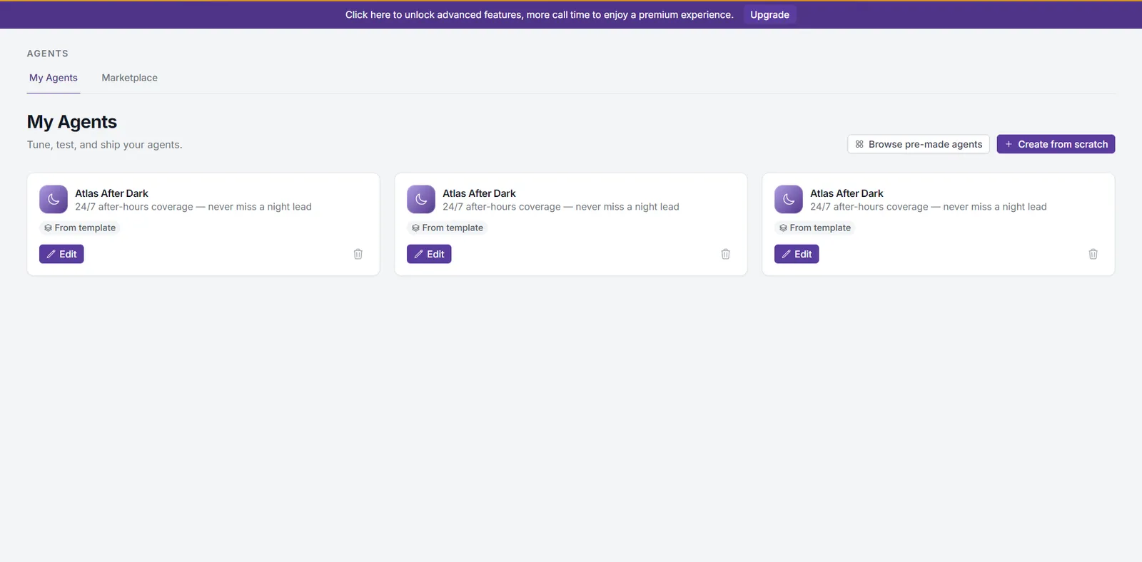 My Agents tab showing your personal agent collection with Edit and Delete actions