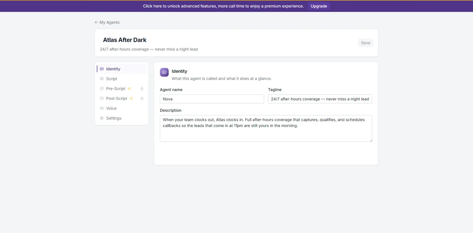 Agent editor showing the Identity section with sidebar navigation